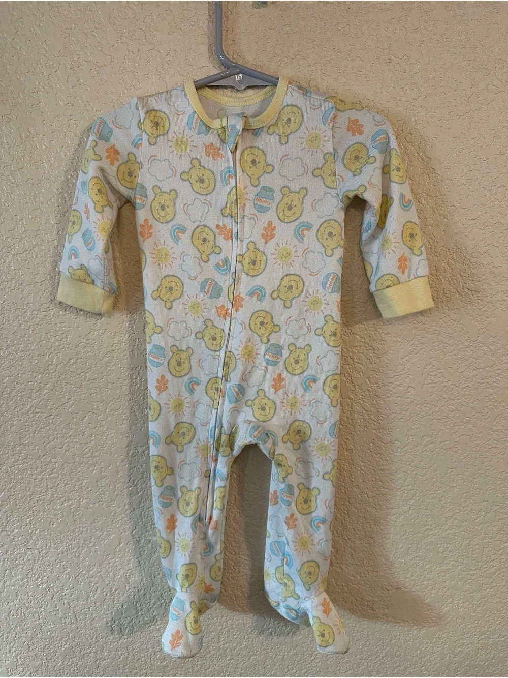 Disney Yellow and Light Blue Bear Print Footed One-Piece